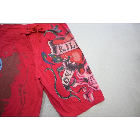 Vtg Ed Hardy Men's Red "Surf or Die" Board Shorts Sz Large Graphic Swim Trunks - Picture 2 of 13